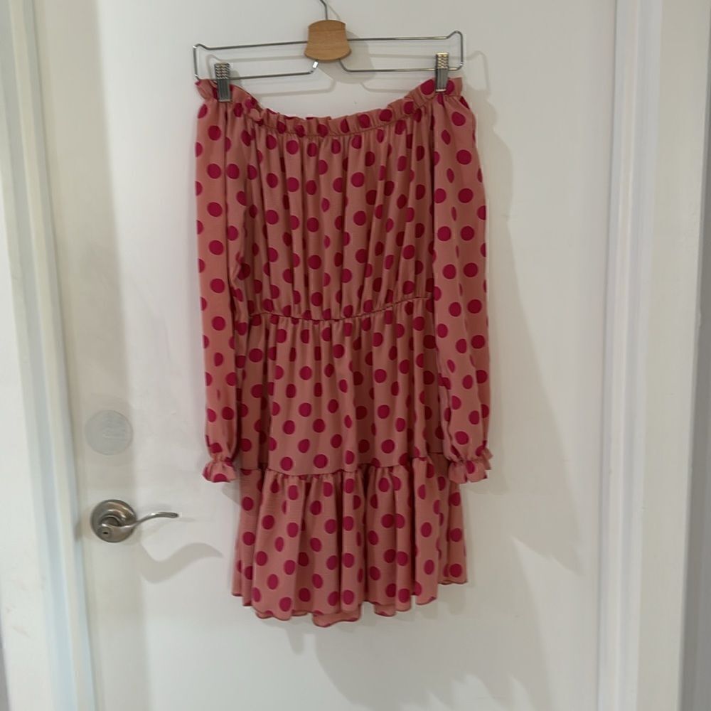 PRETTY LITTLE THING pink polka dot ruffle off shoulder dress empire waist belt 6 - Picture 9 of 10